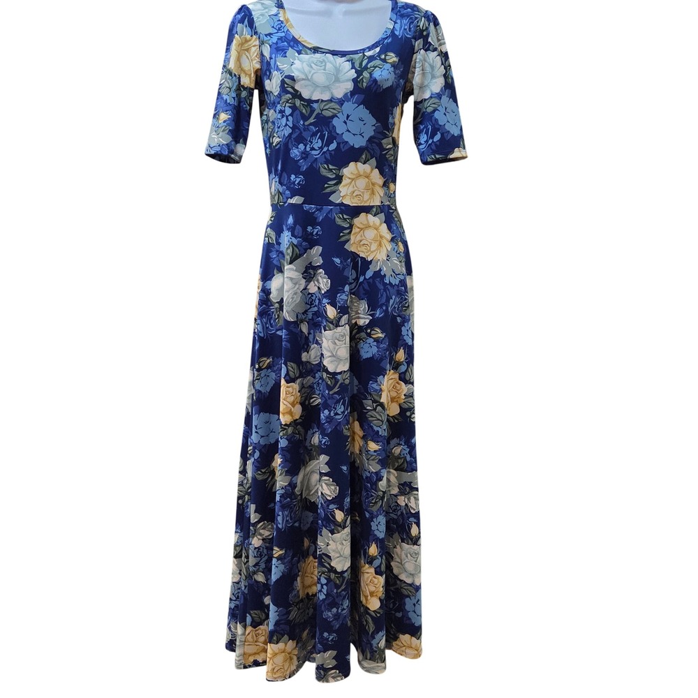 LuLaRoe Ana Maxi Dress Small Blue Yellow Floral Short Sleeve Scoop Neck Gown
